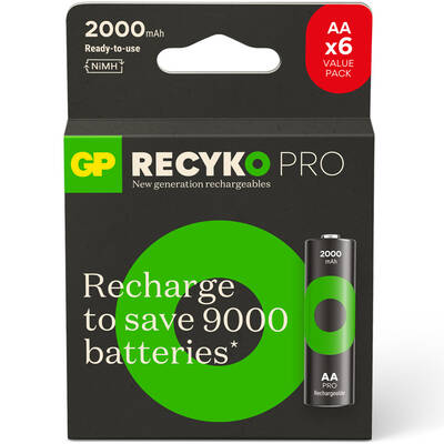 GP Batteries ReCyko Pro 2000 mAh AA şarj edilebilir Kalem Ni-Mh Şarjlı Pil, 1.2 Volt, 6'lı Kart