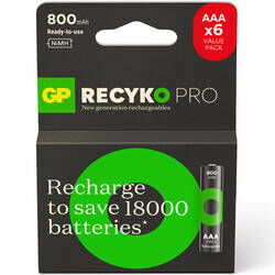 GP Batteries ReCyko Pro 800 mAh AAA İnce Ni-Mh Şarjlı Pil, 1.2 Volt, 6'lı Kart