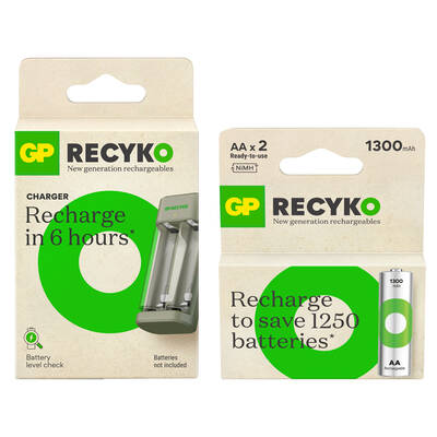 GP E221 2 Kanallı Şarj Cihazı 2 Adet GP Recyko 1300mAh 1.2V AA Şarjlı Kalem Pil İle Beraber