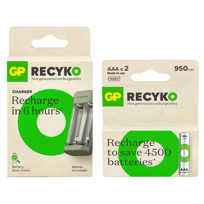 GP E221 2 Kanallı Şarj Cihazı 2 Adet GP Recyko 950mAh 1.2V Şarjlı AAA İnce Kalem Pil İle Beraber