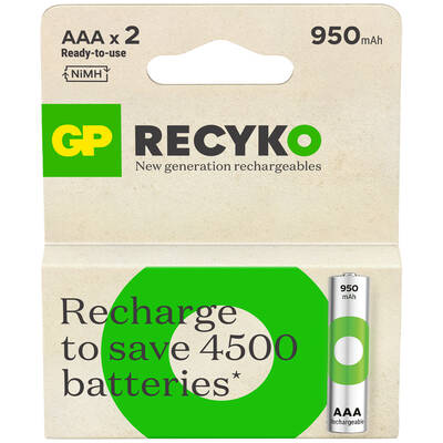 GP Batteries ReCyko 1000 AAA İnce Kalem Ni-Mh Şarjlı Pil, 1.2 Volt, 2'li Kart