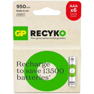 GP Batteries ReCyko 1000 AAA İnce Kalem Ni-Mh Şarjlı Pil, 1.2 Volt, 6'Lı Kart