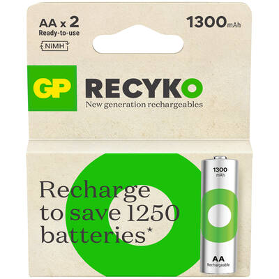 GP Batteries ReCyko 1300 AA Kalem Ni-MH Şarjlı Pil, 1.2 Volt, 2'li Kart