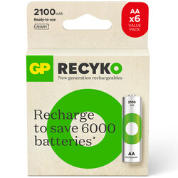 GP Batteries ReCyko 2100 AA Kalem Ni-MH Şarjlı Pil, 1.2 Volt, 6'lı Kart - Thumbnail