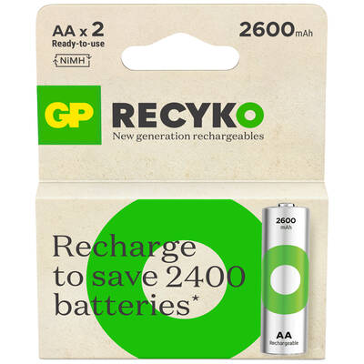 GP Batteries ReCyko 2700 AA Kalem Ni-Mh Şarjlı Pil, 1.2 Volt, 2'li Kart