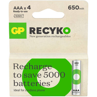 GP Batteries ReCyko 650 AAA İnce Kalem Ni-Mh Şarjlı Pil, 1.2 Volt, 4'lü Kart