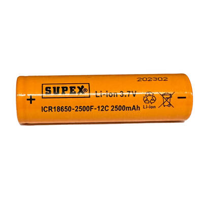 Supex ICR18650-2500F-12C Lityum Ion 3.7V 2500mAh 12C Deşarj Akımı Düz Kafa Pil