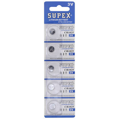 Supex CR1025 1025 Boy Lityum Düğme Pil, 3 Volt, 5'li Kart